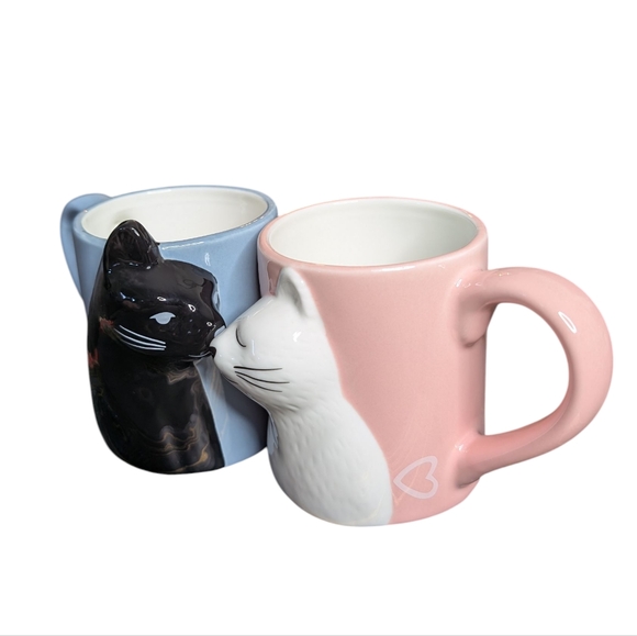 Cat Couple Set of Two Coffee Mugs Kissing Cats Pink and Blue Ceramic Mugs - Picture 16 of 16